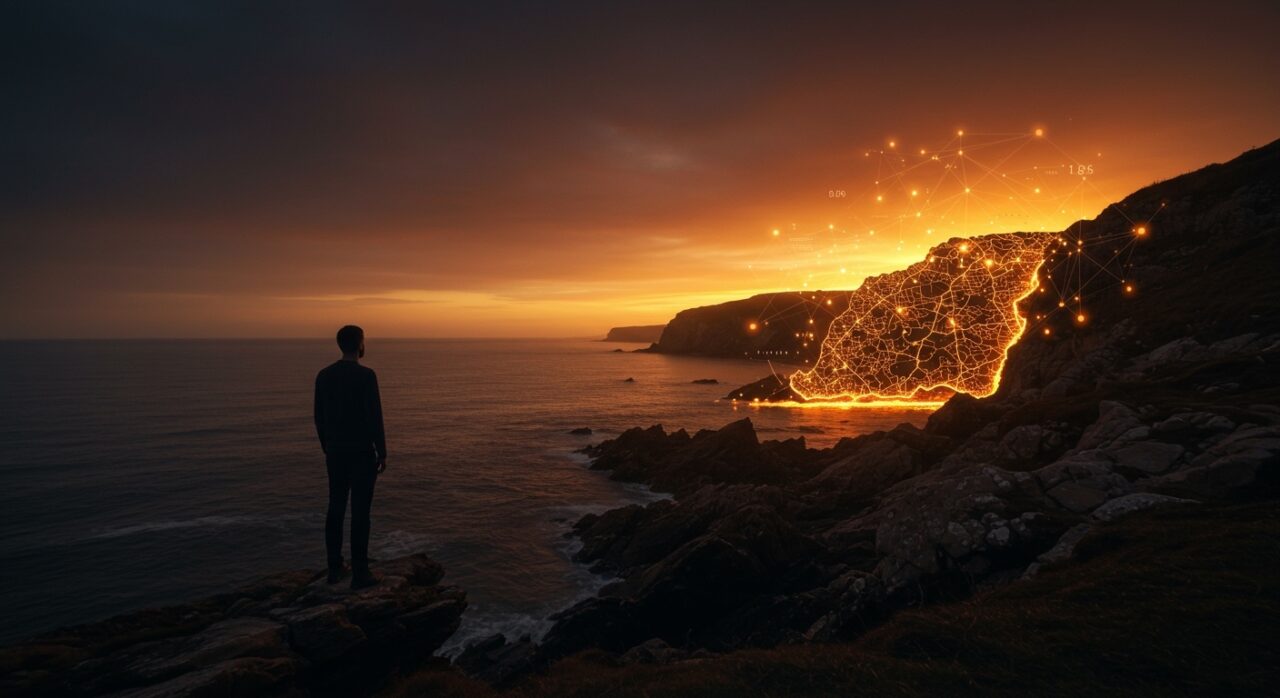 Fundador de startup contemplando una costa fractal en Inglaterra, ilustrando la paradoja de la costa aplicada a negocios de turismo, logística y proptech.