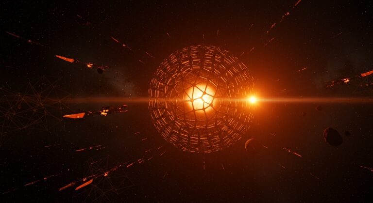 Colonia intergaláctica con sondas autorreplicantes y esfera de Dyson ilustrando la paradoja de Fermi y exploración espacial avanzada.