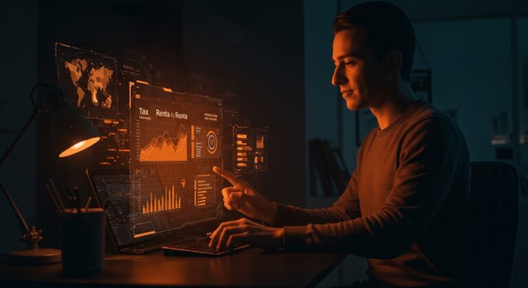 Interfaz de inteligencia artificial ayudando a pymes chilenas a automatizar la Operación Renta y optimizar sus finanzas.