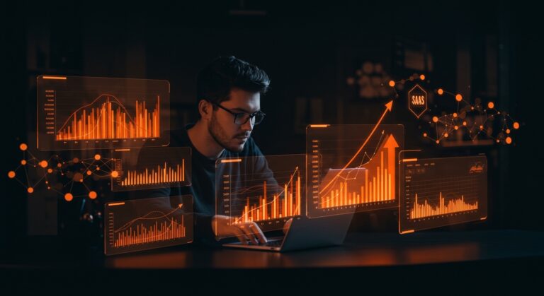 Founder analizando datos de conversión SaaS con metáforas visuales de crecimiento y adquisición de clientes para startups de software.
