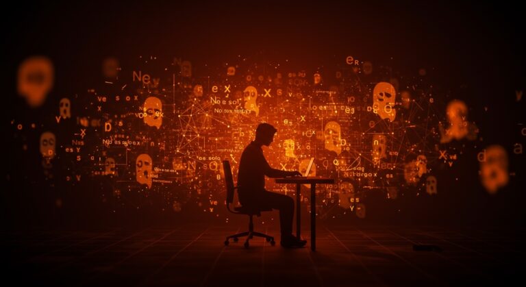 Ilustración visual de patrones de escritura IA revelando contenido generado por inteligencia artificial en marketing y blogs.