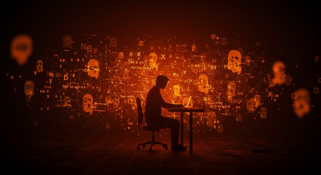 Ilustración visual de patrones de escritura IA revelando contenido generado por inteligencia artificial en marketing y blogs.