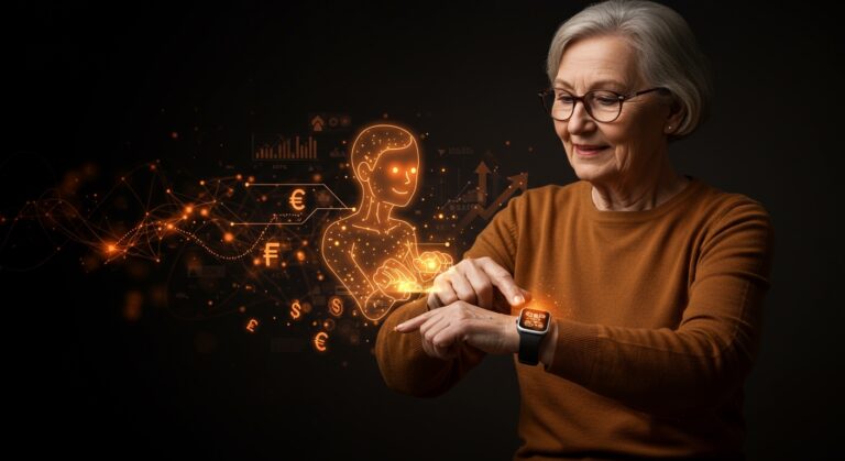 Senior usando wearable inteligente con IA para cuidado y emergencias, destacando innovación y financiación en silver economy.