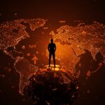 Silueta de fundador de startup sobre un globo fragmentado que simboliza la multipolaridad y el impacto geopolítico en el ecosistema tecnológico y de capital de riesgo.