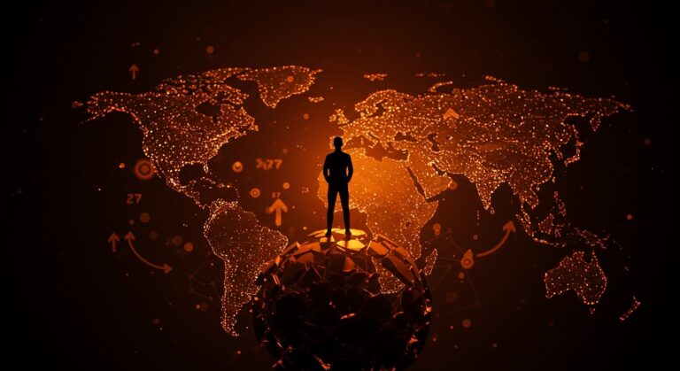 Silueta de fundador de startup sobre un globo fragmentado que simboliza la multipolaridad y el impacto geopolítico en el ecosistema tecnológico y de capital de riesgo.