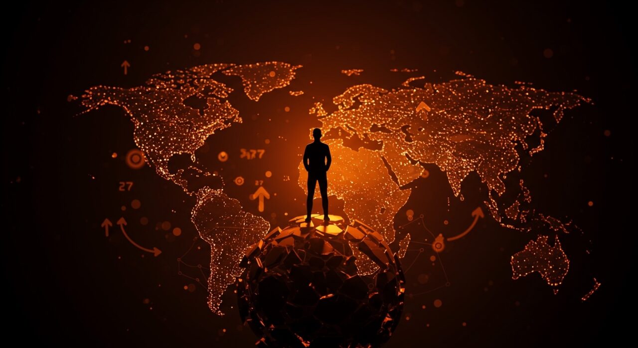 Silueta de fundador de startup sobre un globo fragmentado que simboliza la multipolaridad y el impacto geopolítico en el ecosistema tecnológico y de capital de riesgo.