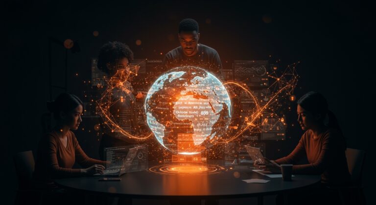 Equipo tecnológico utilizando IA avanzada para detectar discursos de odio en múltiples idiomas, destacando innovación en startups europeas y financiamiento ético.