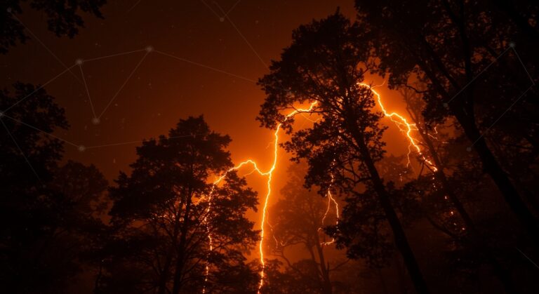 Descargas corona ultravioleta visibles en copas de árboles durante tormentas, destacando tecnología ambiental y monitoreo ambiental innovador.