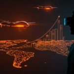 Drones militares en vuelo con fundador tech y circuitos naranjas representando inversión y oportunidades en defensa autónoma para startups.