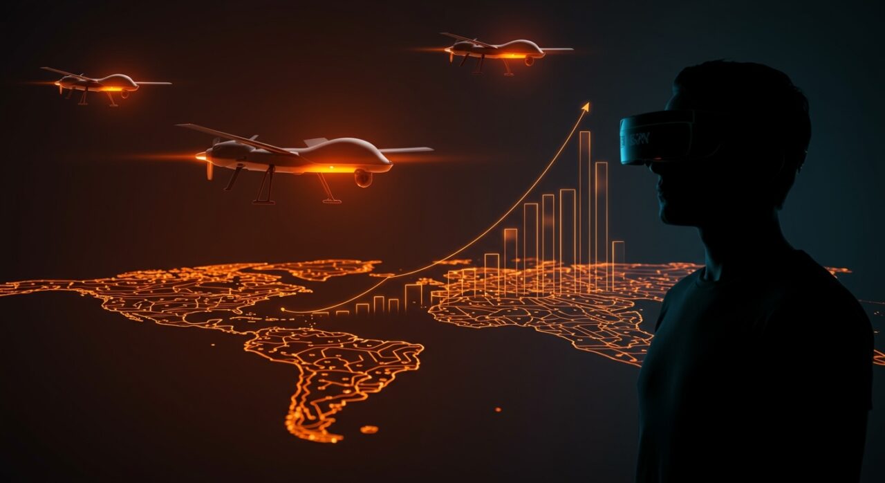 Drones militares en vuelo con fundador tech y circuitos naranjas representando inversión y oportunidades en defensa autónoma para startups.