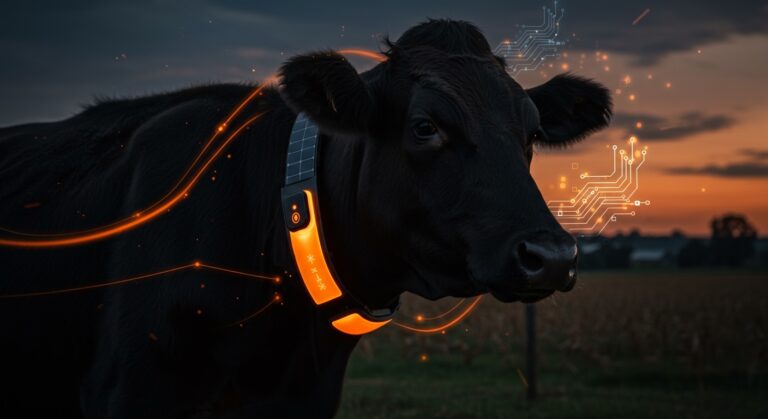 Collar solar inteligente para ganado con tecnología de IA, destacando la innovación y la inversión en agrotech.