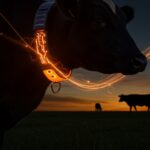 Collar solar inteligente para vacas con iluminación naranja, simbolizando la inversión de Peter Thiel en gestión ganadera innovadora y tecnología agrotech.