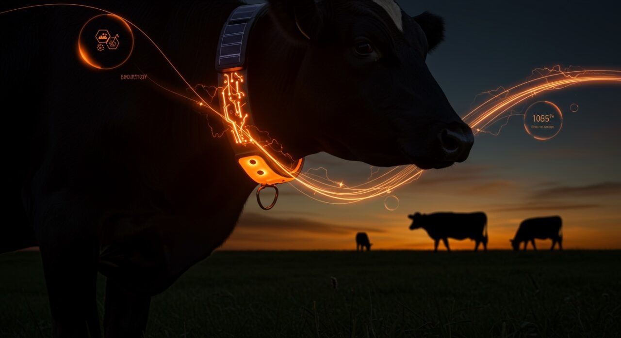Collar solar inteligente para vacas con iluminación naranja, simbolizando la inversión de Peter Thiel en gestión ganadera innovadora y tecnología agrotech.