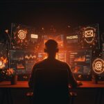 Fundador de startup fintech defendiendo su empresa contra ataques de phishing con alertas digitales y símbolos de ciberseguridad en colores naranja y negro.