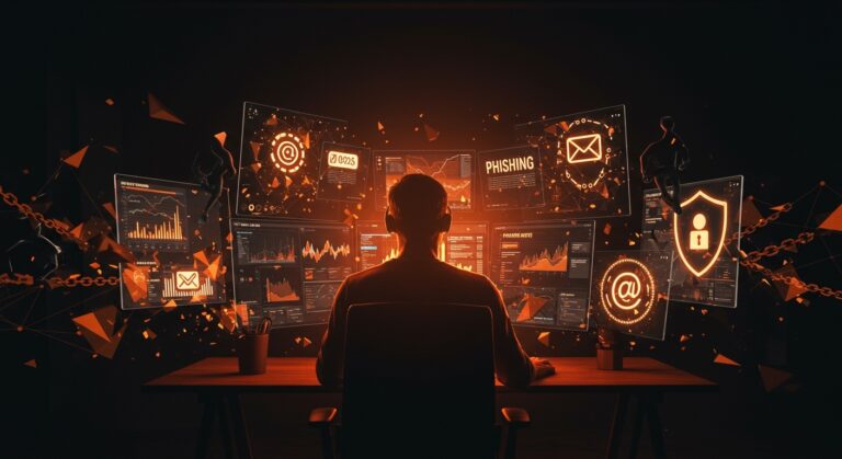 Fundador de startup fintech defendiendo su empresa contra ataques de phishing con alertas digitales y símbolos de ciberseguridad en colores naranja y negro.