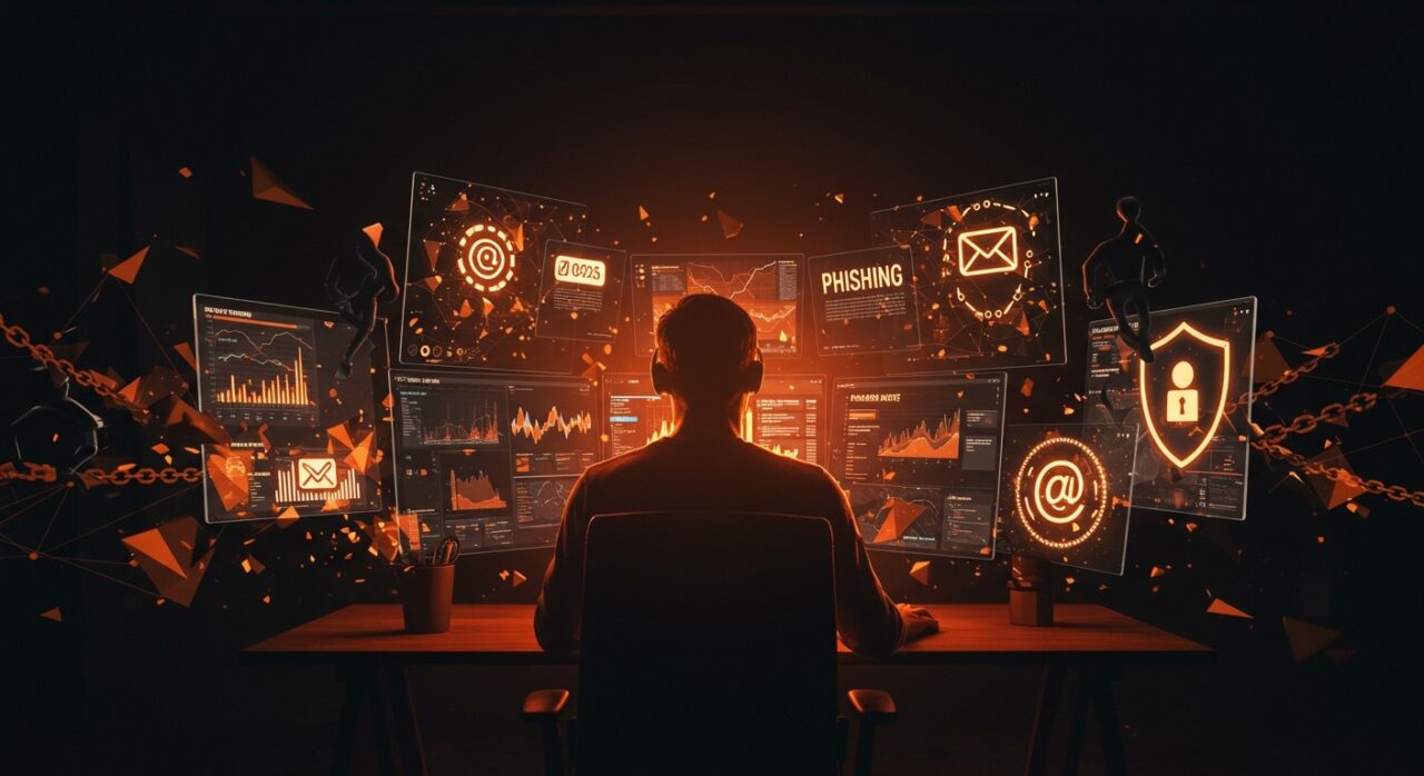 Fundador de startup fintech defendiendo su empresa contra ataques de phishing con alertas digitales y símbolos de ciberseguridad en colores naranja y negro.