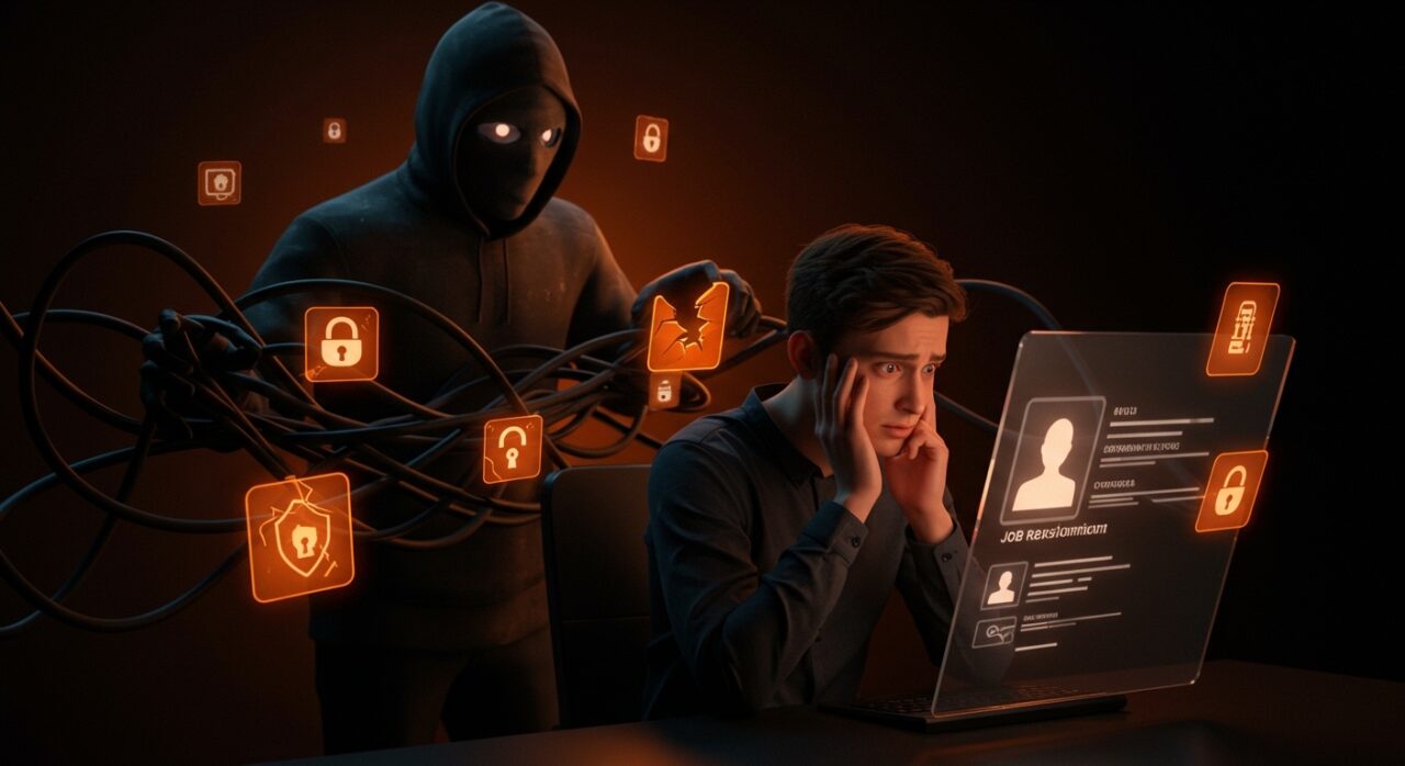 Campaña de phishing en empleo mostrando un candidato vulnerable en un proceso de selección digital con elementos de seguridad informática y ciberfraude en startups.