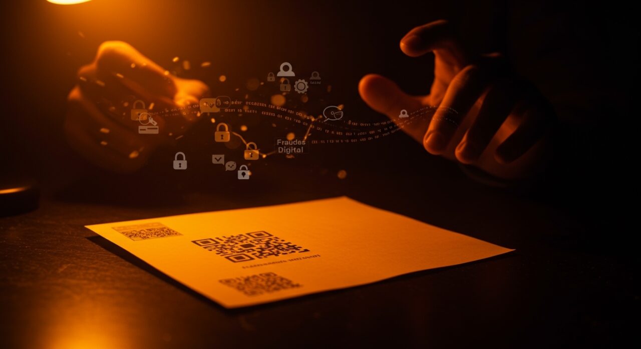 Carta física con código QR simulando un ataque de phishing físico y protección en ciberseguridad para startups.