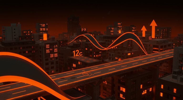 Ciudad urbana enfriada por hormigón radiativo innovador de PhotoKrete reduciendo el calor urbano y mejorando la eficiencia energética.