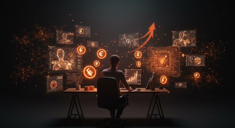 Programa de monetización Picsart para creadores de contenido con IA mostrando artista digital y símbolos tecnológicos en paleta naranja y negro.