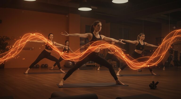 Pilates moms ejercitándose en estudio moderno, simbolizando el mercado femtech y bienestar femenino en auge.