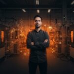 Fundador de hardware industrial en entorno automatizado con interfaces de seguridad digital, ilustrando el crecimiento de Pilz en seguridad industrial y automatización 2024.