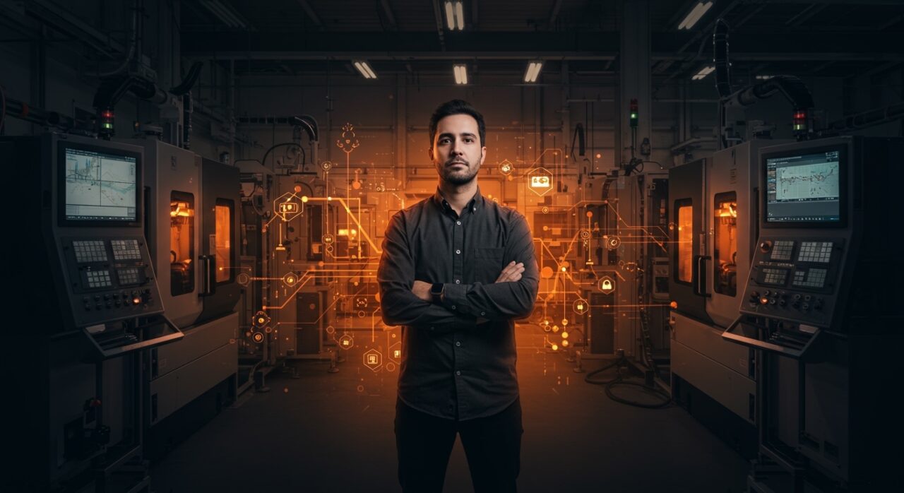 Fundador de hardware industrial en entorno automatizado con interfaces de seguridad digital, ilustrando el crecimiento de Pilz en seguridad industrial y automatización 2024.