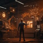 Fundador industrial en fábrica moderna representando automatización industrial y seguridad digital en Industria 4.0 con tecnología avanzada Pilz.