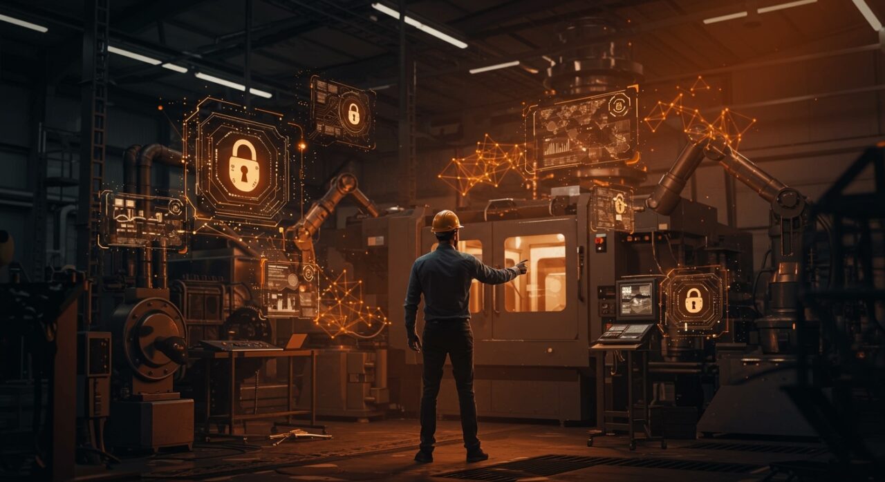 Fundador industrial en fábrica moderna representando automatización industrial y seguridad digital en Industria 4.0 con tecnología avanzada Pilz.