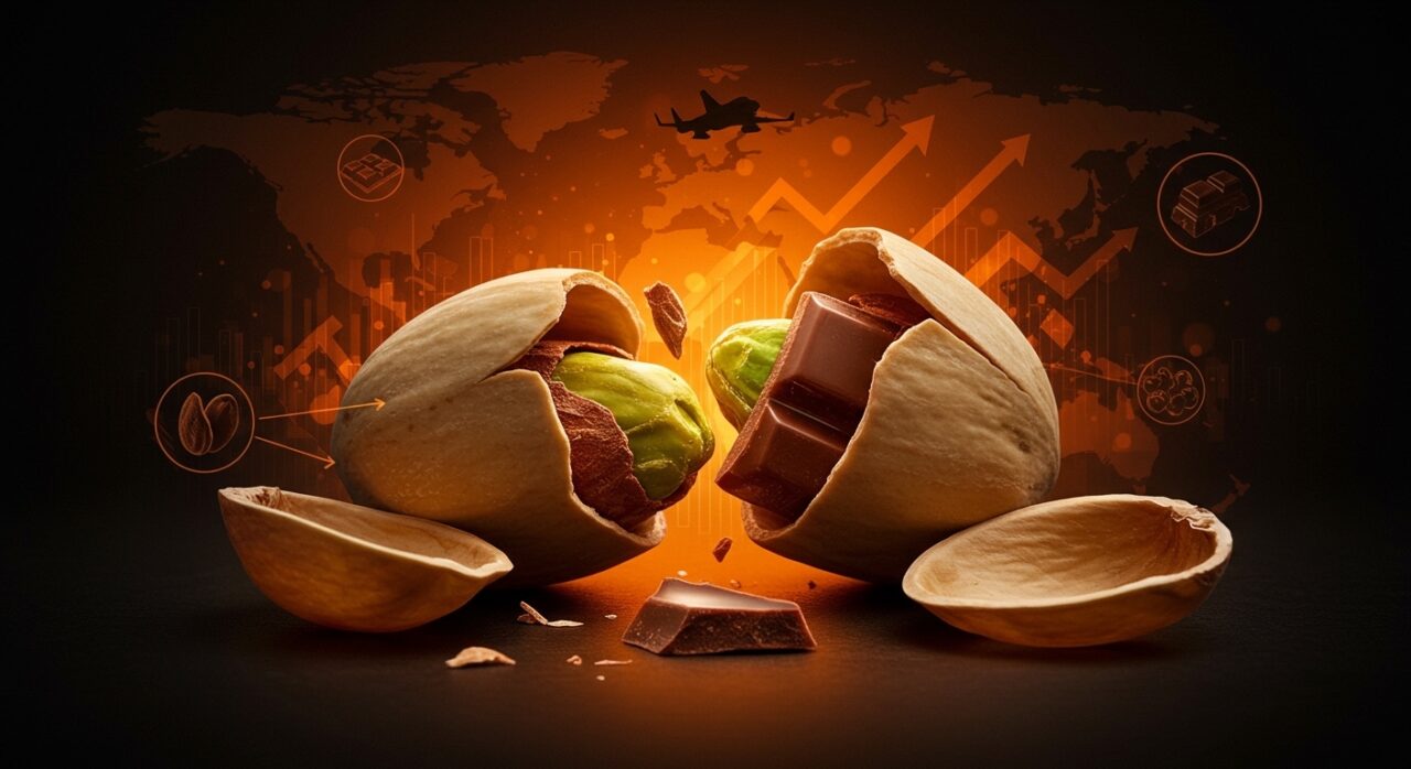 Mercado pistacho 2026 afectado por conflicto en Irán y demanda de chocolate Dubai, ilustrando la ruptura en la cadena de suministro agroalimentaria.