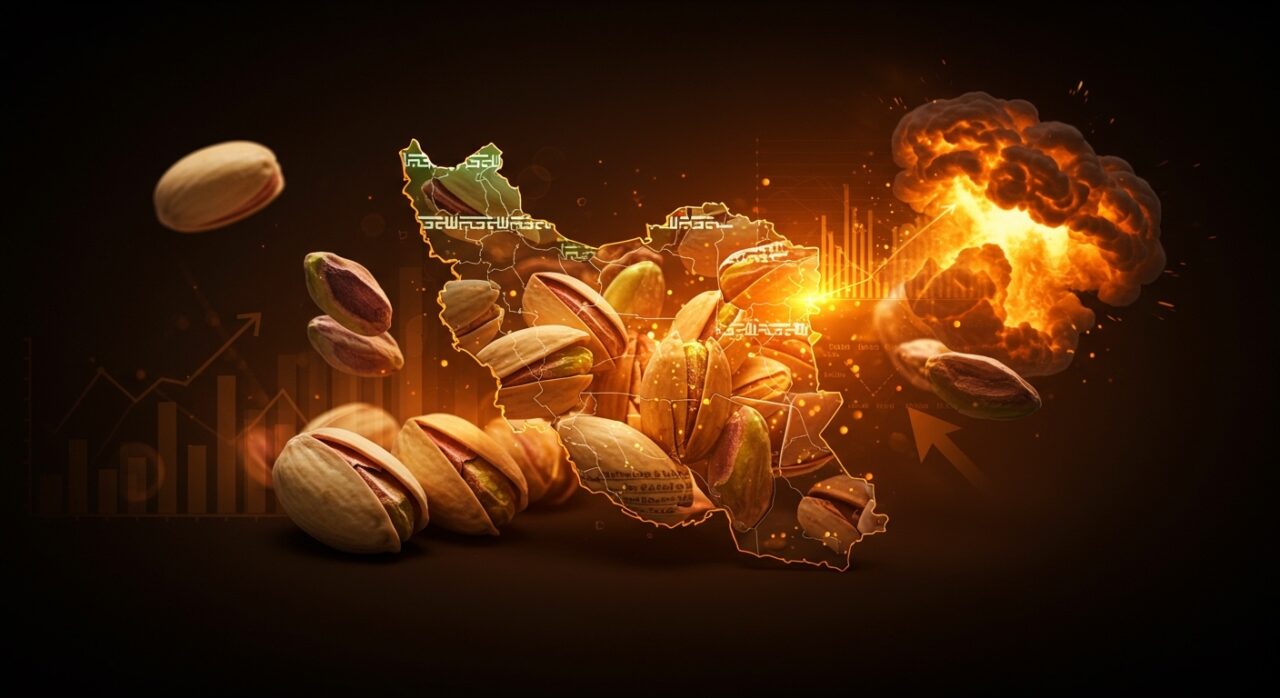Impacto de la guerra y sanciones entre Irán y EEUU en el mercado global del pistacho ilustrado con mapas, explosiones y gráficos de mercado en tonos naranja y negro.