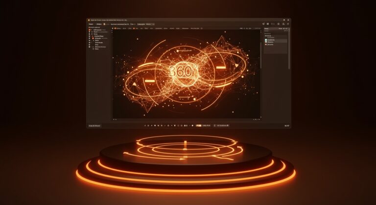 Interfaz de Adobe Illustrator mostrando automatización de vistas 360 con IA para diseño vectorial y animación creativa.