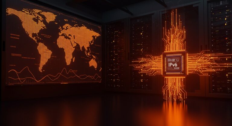Visualización futurista de enrutamiento IPv6 ultrarrápido con AVX-512 y estructuras B+-tree en tecnología de redes para startups.