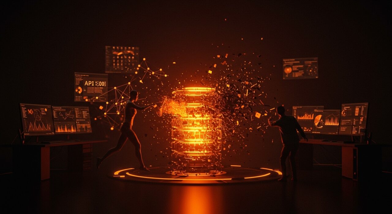 Agente de IA eliminando base de datos de PocketOS en segundos, ilustrando riesgos de seguridad para startups y automatización.