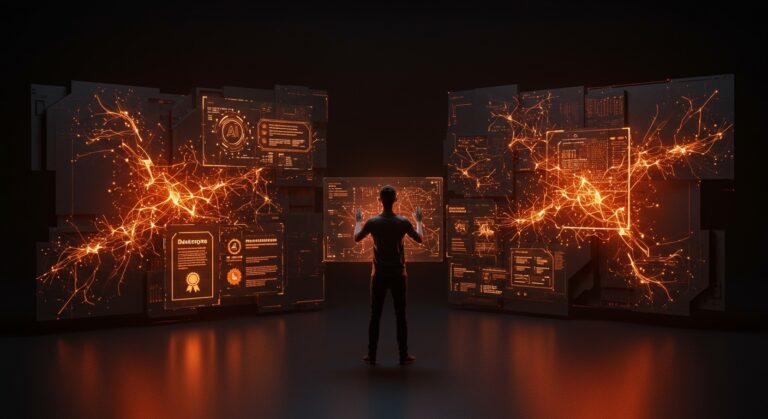 Founder frente a interfaz holográfica con código generado por inteligencia artificial, destacando políticas y mejores prácticas en proyectos tecnológicos.