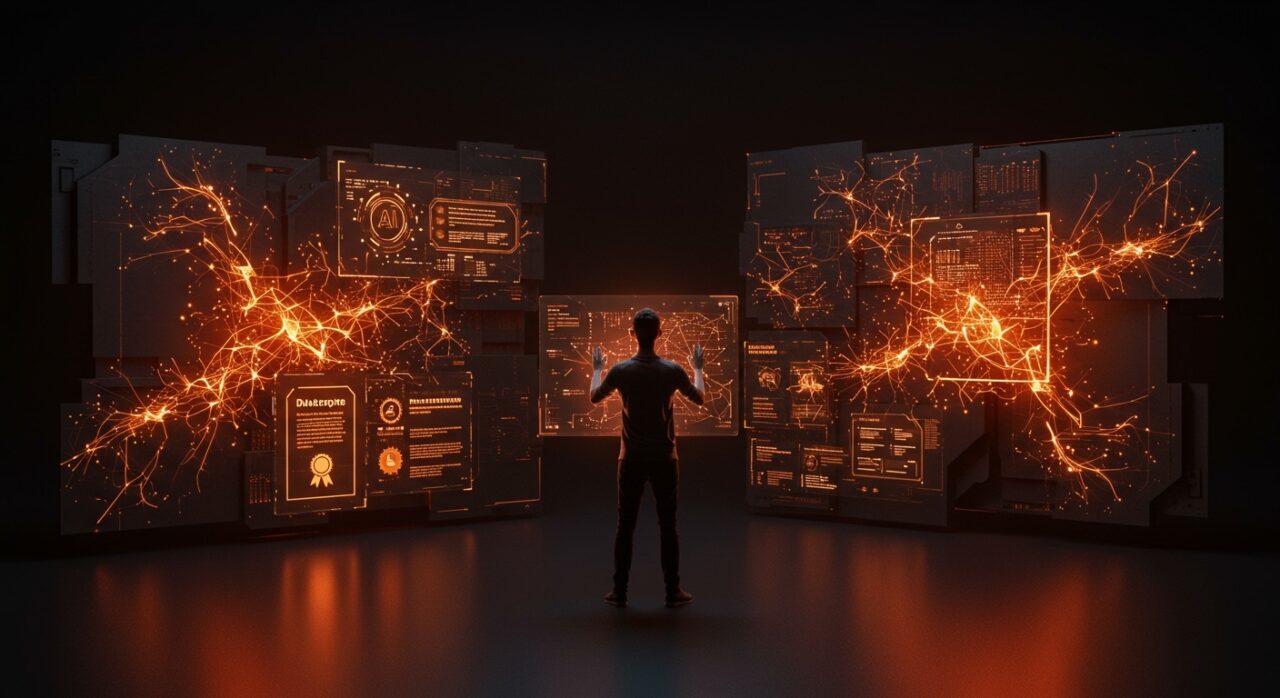 Founder frente a interfaz holográfica con código generado por inteligencia artificial, destacando políticas y mejores prácticas en proyectos tecnológicos.