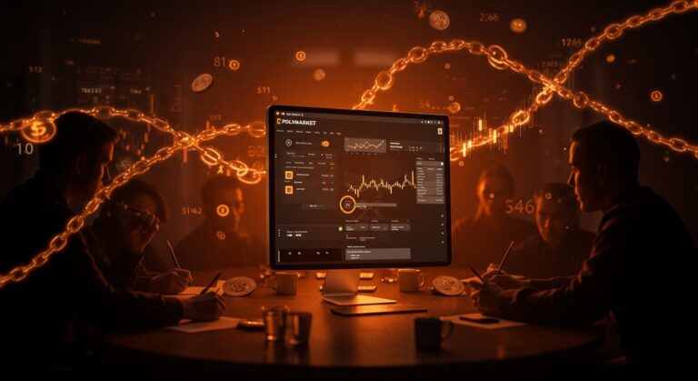 Interfaz digital futurista de Polymarket representando apuestas en alto el fuego EE.UU.-Irán y el debate sobre insider trading en fintech descentralizado.