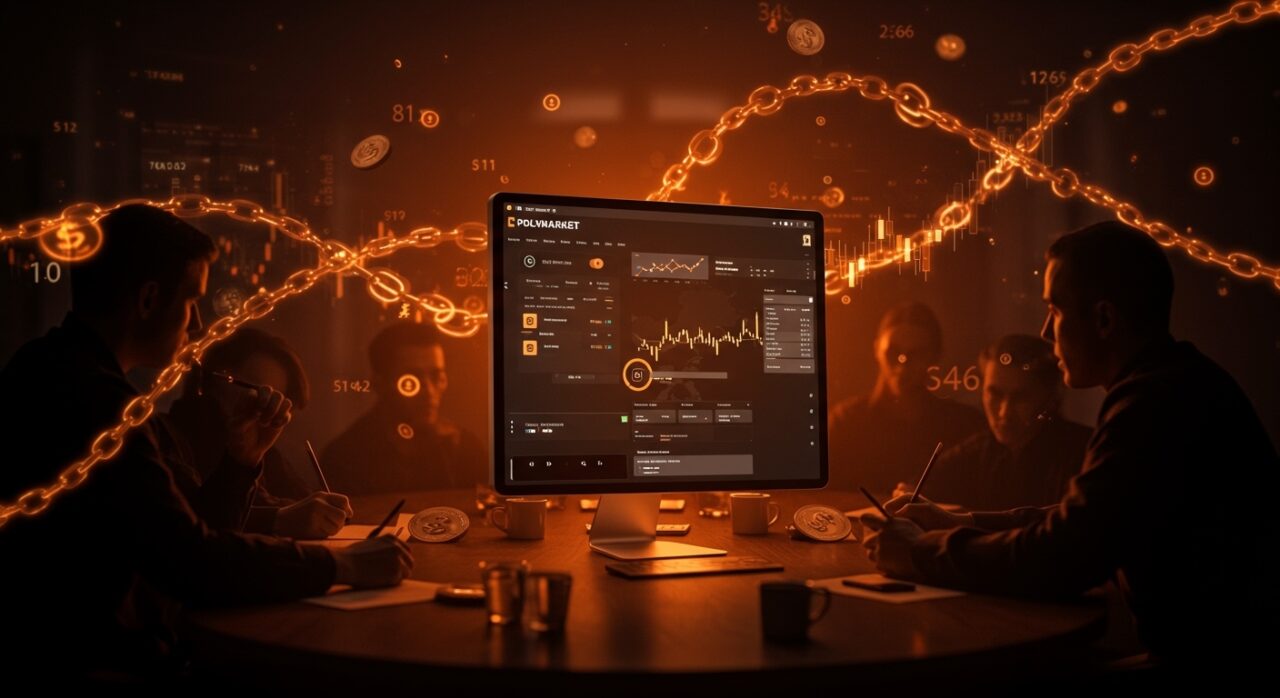 Interfaz digital futurista de Polymarket representando apuestas en alto el fuego EE.UU.-Irán y el debate sobre insider trading en fintech descentralizado.