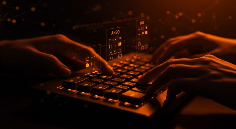 Configuración de teclado en macOS mostrando layouts ANSI, ISO y JIS con iluminación naranja y negra, simbolizando hardware y software en startups.