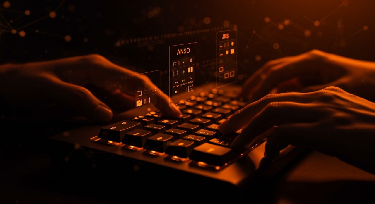 Configuración de teclado en macOS mostrando layouts ANSI, ISO y JIS con iluminación naranja y negra, simbolizando hardware y software en startups.