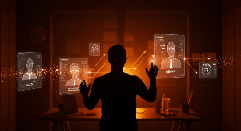 Fundador tech interactuando con asistentes IA Claude, Qwen y Gemma, mostrando beneficios en personalización y automatización en modelos de lenguaje.