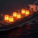 Portacontenedor nuclear de Hyundai con reactores SMR navegando, simbolizando el transporte marítimo sostenible y la reducción de emisiones.