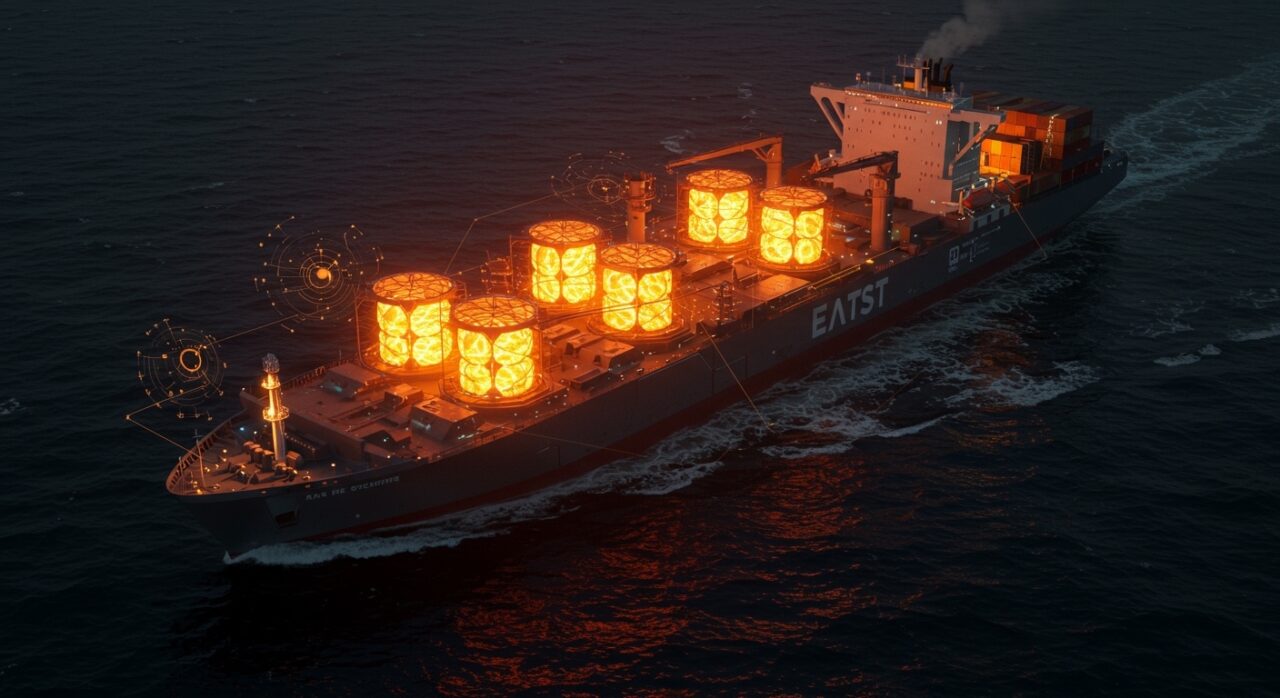 Portacontenedor nuclear de Hyundai con reactores SMR navegando, simbolizando el transporte marítimo sostenible y la reducción de emisiones.