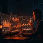 Founder tecnológico analizando métricas de escalabilidad de Postgres en un entorno de startup con visualización de flujos de datos y estructuras ascendentes.
