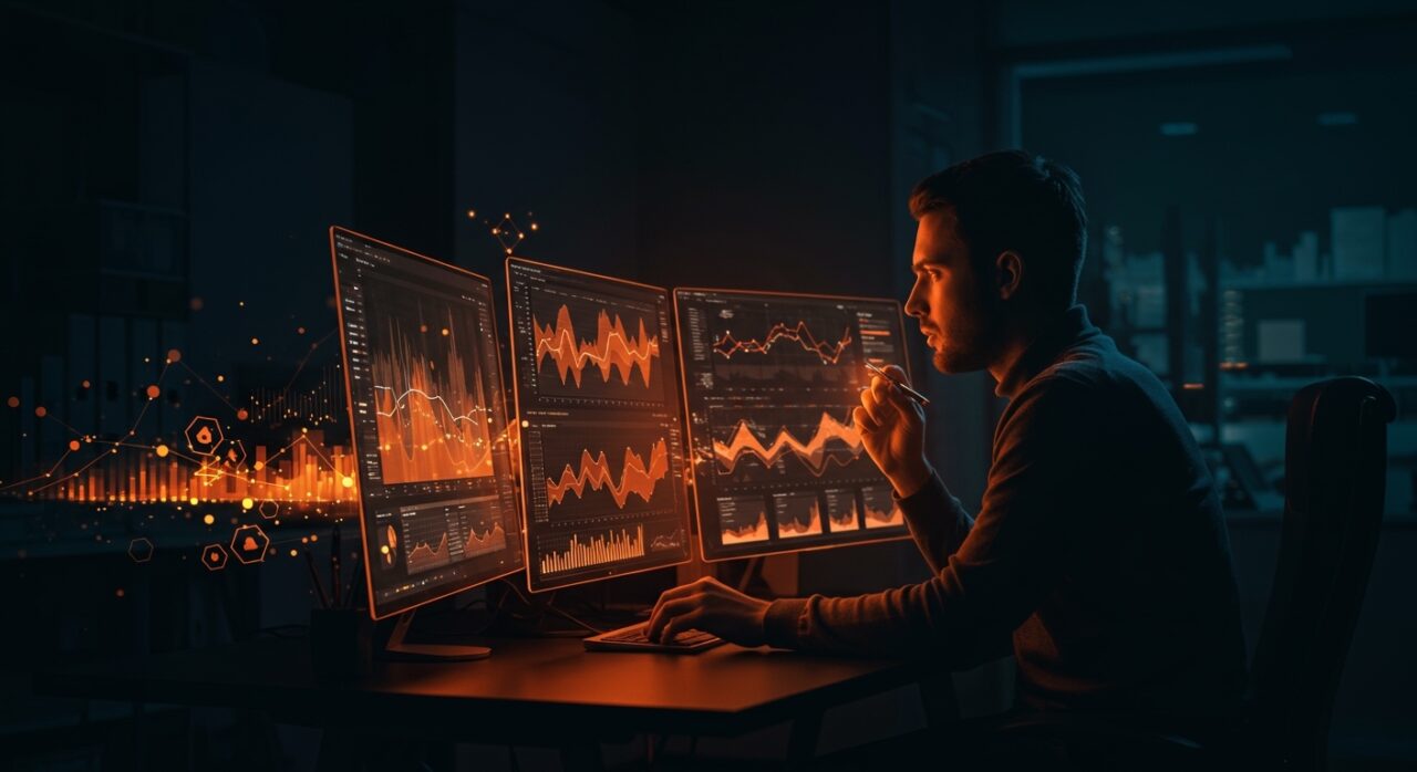 Founder tecnológico analizando métricas de escalabilidad de Postgres en un entorno de startup con visualización de flujos de datos y estructuras ascendentes.