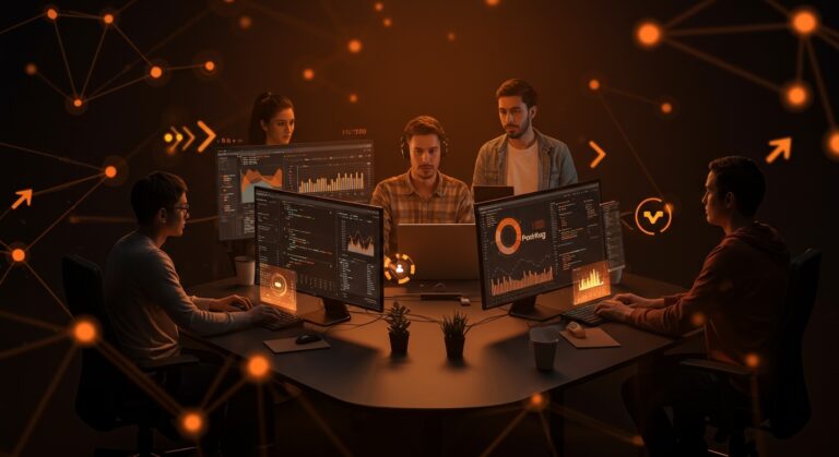 Equipo tech colaborando remotamente en un entorno digital moderno, representando la convocatoria de empleo tech de PostHog y la cultura startup YC W20.