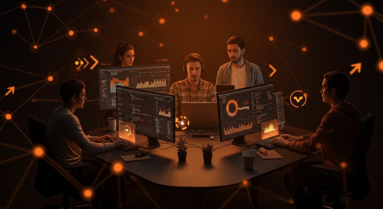 Equipo tech colaborando remotamente en un entorno digital moderno, representando la convocatoria de empleo tech de PostHog y la cultura startup YC W20.