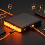 Power bank moderno en tonos naranja y negro resaltando carga rápida USB-C PD, capacidad real y certificaciones de seguridad para startups tecnológicas.