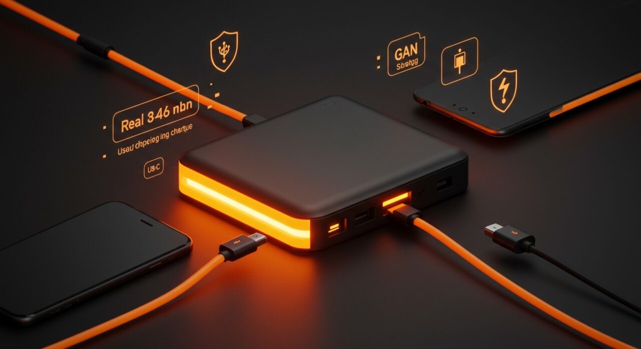 Power bank moderno en tonos naranja y negro resaltando carga rápida USB-C PD, capacidad real y certificaciones de seguridad para startups tecnológicas.