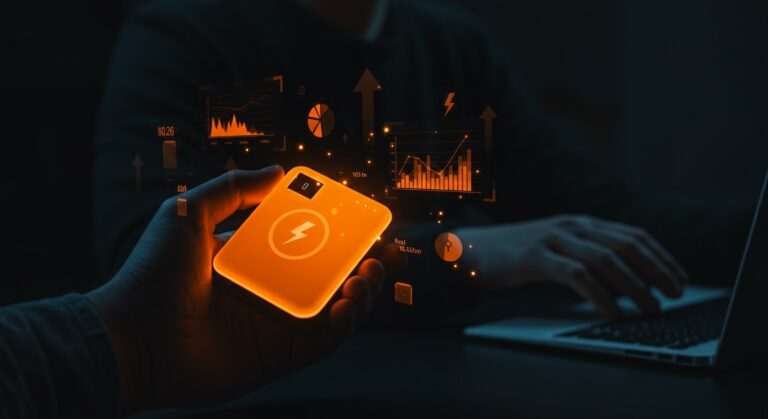Powerbank moderno con iluminación naranja, simbolizando eficiencia real de mAh y tendencias de mercado en hardware startup 2026.